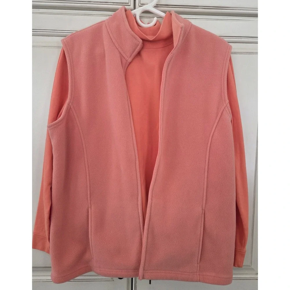 Women's ll Bean Fleece Vest‎ Two Piece Set Mock Turtleneck L/XL Orange Peach